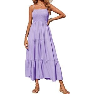 Women 's Boho Sleeveless Maxi Dress Solid Smocked Spaghetti Strap